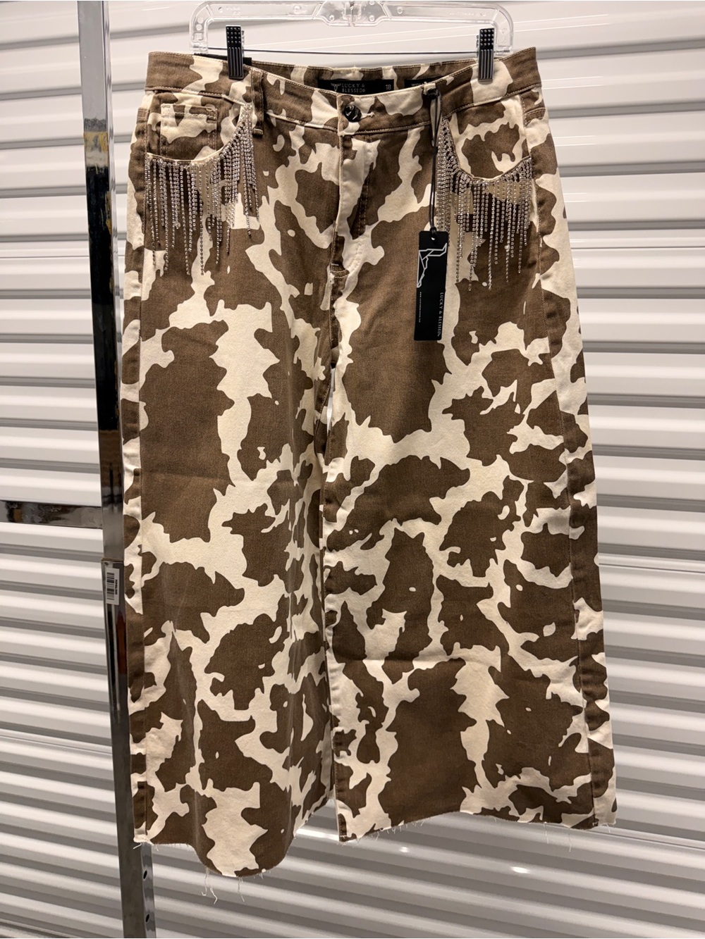 Lucky & Blessed Brown and Cream Camo Wide-Leg High-Rise Jeans with Chain Fringe
